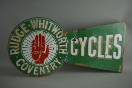 A VINTAGE DOUBLE SIDED ENAMEL SIGN for 'Rudge, Whitworth, Coventry, Cycles' (age commensurate wear)