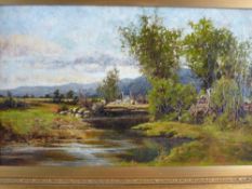 BEN HOYLES early 20th Century oil on canvas - riverside scene, signed, 29 x 50 cms (small tear in