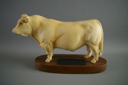 A BESWICK POTTERY MATT FINISH CHAROLAIS BULL from 'The Connoisseur Series', on an oval wooden
