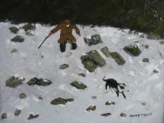 OWEN MEILIR oil on board - farmer and sheepdog in the snow, signed, 29 x 39 cms