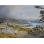 THOMAS CRESWICK RA watercolour - expansive landscape with lake and lady on a path in the foreground,