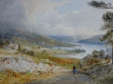 THOMAS CRESWICK RA watercolour - expansive landscape with lake and lady on a path in the foreground,