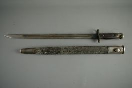 A BRITISH 1907 PATTERN SWORD BAYONET in leather scabbard, the hilt dated and stamped 'J A C'