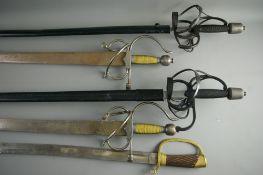 FIVE REPLICA DISPLAY SWORDS including a 119 cms length pair with black wire bound grip, hilt and