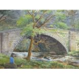 MABEL TINKER watercolour - river bridge with figure and a dog seated by a rock, signed and with