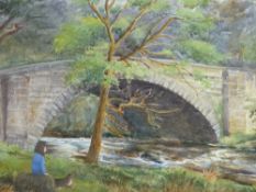 MABEL TINKER watercolour - river bridge with figure and a dog seated by a rock, signed and with