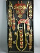 SHIRE/HEAVY HORSE BRASSWARE - a 4ft display board of shire horse brassware and martingales, mostly