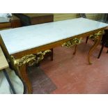 A LOUIS XVI STYLE GILT WOOD & MARBLE TOPPED CENTRE TABLE, the rectangular white marble top on a gilt