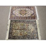 TWO SMALL EASTERN WOVEN WOOLLEN CARPETS, one having central bird and tree pattern with repeating