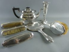 A SILVER TEAPOT, trumpet vase (loaded), a dressing table hand mirror and four brushes, various