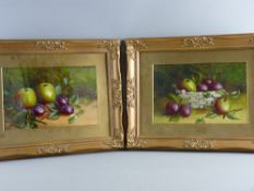 OILS ON BOARD, A PAIR - still life studies of fruit, unsigned, in gilt mounts and frames, circa