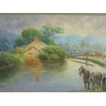 J N SANDERS watercolour - canal scene with lock-keeper's cottage and figures with a horse, signed