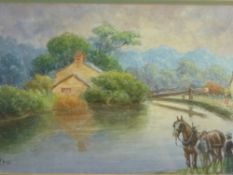 J N SANDERS watercolour - canal scene with lock-keeper's cottage and figures with a horse, signed