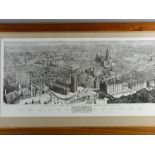 A VINTAGE PRINT OF A PENCIL DRAWING - 'A Bird's Eye View of Manchester in 1889', 41.5 x 88 cms