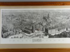 A VINTAGE PRINT OF A PENCIL DRAWING - 'A Bird's Eye View of Manchester in 1889', 41.5 x 88 cms