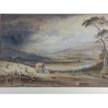 DAVID COX watercolour - expansive landscape with winding river and harvesting figures with horse and