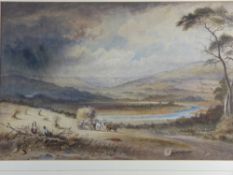 DAVID COX watercolour - expansive landscape with winding river and harvesting figures with horse and