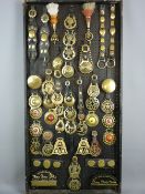SHIRE/HEAVY HORSE BRASSWARE - a 4ft display board having a good array of horse brasses and harness