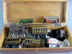 A VINTAGE TINPLATE CLOCKWORK TRAIN with carriages, a Brimtoy double decker bus and a small clockwork