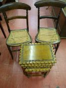 A PAIR OF SIMULATED WALNUT SIDE CHAIRS and a quartetto of Eastern hardwood tables with carved