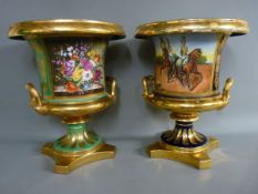 TWO LARGE RUSSIAN PORCELAIN CAMPANA URN PLANTERS, in cobalt blue and gilt with painted panel of