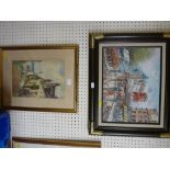 WARREN WILLIAMS ARCA framed print - seaside cottages with young girl feeding chickens and a modern