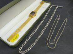 Silver Albert and two neck chains along with a cased Bossmann lady's gold colour Quartz wristwatch