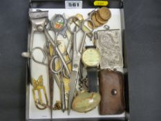 Tray of collectables including a small locket and chain marked 375, a white metal Art Nouveau