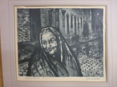 ISHERWOOD mounted limited edition (36/75) print - elderly woman on a cobbled street, signed in
