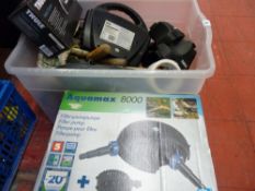 Tub of various items including Thule roof bar connectors and an Aquamax 8000 filter pump