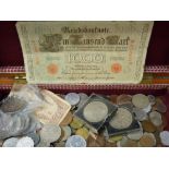 Collection of vintage coins, crowns and notes including a Mother Theresa thaler