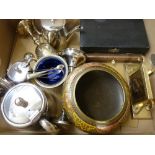 Box of EP and other metalware including boxed vanity sets etc