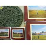 Four boxed quantities of placemats with golfing scenes and an Aztec style composition wall ornament