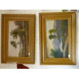 Pair of gilt framed Victorian oils on board - countryside and lakeside scenes, unsigned