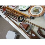 Folding shooting stick, a selection of carved walking canes and sticks etc