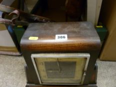 Polished retro mantel clock, bellows, treen duck figure etc