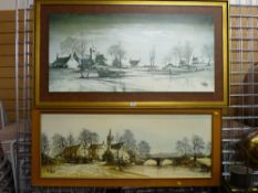 Two FOLLAND 1970's prints - riverside views of a Hamlet titled 'Amber Day' and 'Hamlet Bridge'