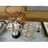 Victorian copper kettle, Victorian commemorative glass bowl, small selection of EP ware etc