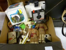 Box of collectable figures etc and a cased Polaroid camera