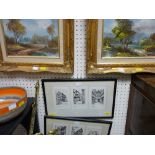 Two modern gilt framed oils on canvas and two framed prints depicting six historic houses in