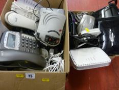 Box of personal CD players and telephones and a small box of routers etc