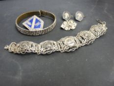 'Lowther Old Girls Association' badge (lacking pin), a filigree bracelet, a marcasite type
