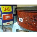 Two vintage sweet tins, one for 'Cadbury's Lucky Numbers' and 'Lovell's Toffee Rex'