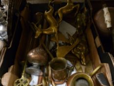 Box containing a pair of ornamental brass figures, other brassware and copperware