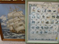 Framed English & Welsh alphabet print and a woolwork picture of a sailing ship