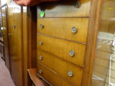 Vintage oak bedroom suite of lady's and gent's wardrobes, five drawer chest and mirrored dressing