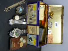 Tin of vintage jewellery and watches etc
