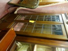 Vintage oak bookcase cupboard with leaded glass doors and interior adjustable shelves