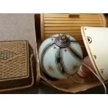 Two modern table lamps, wicker sewing basket etc