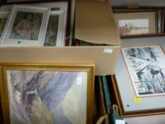 Quantity of framed pictures and prints in three boxes